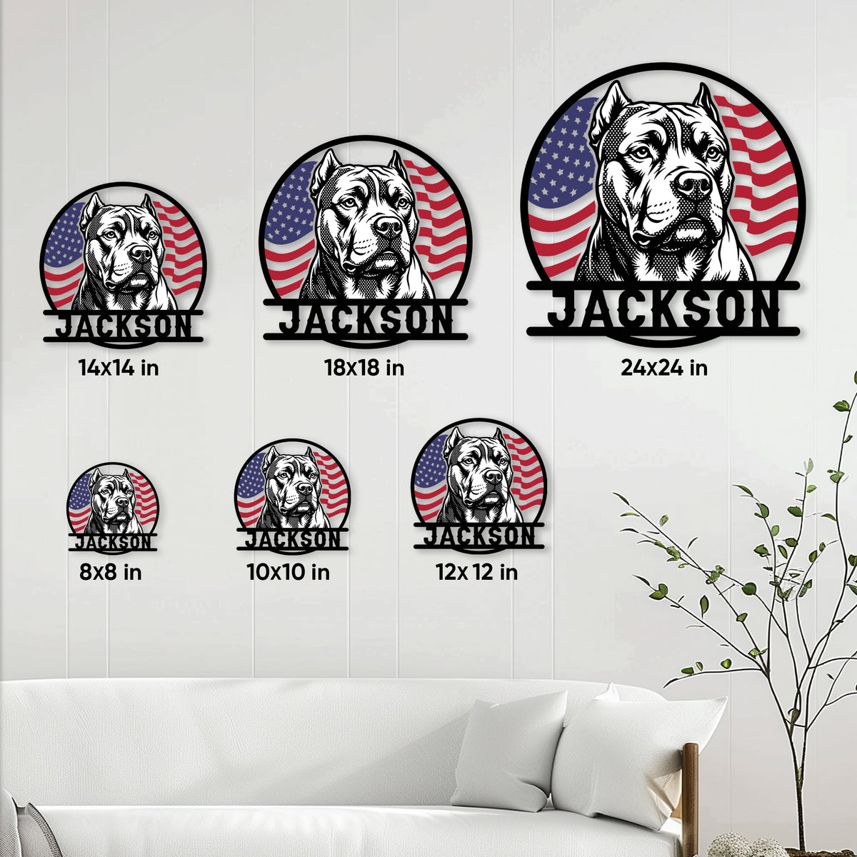 American Bully metal sign size guide showing multiple square size options displayed on a living room wall