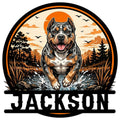American Bully metal sign featuring a powerful dog splashing through a stream at sunset