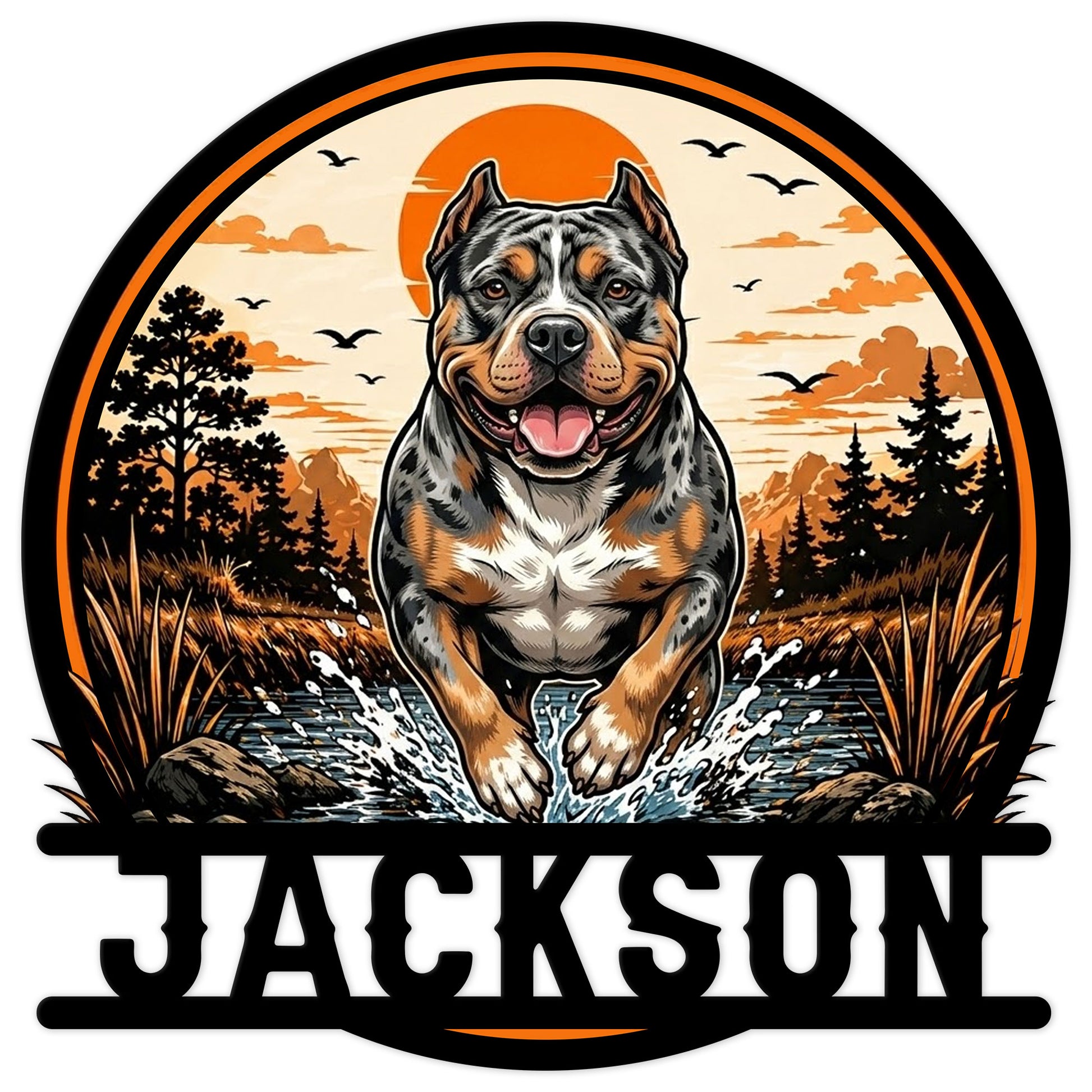 American Bully metal sign featuring a powerful dog splashing through a stream at sunset