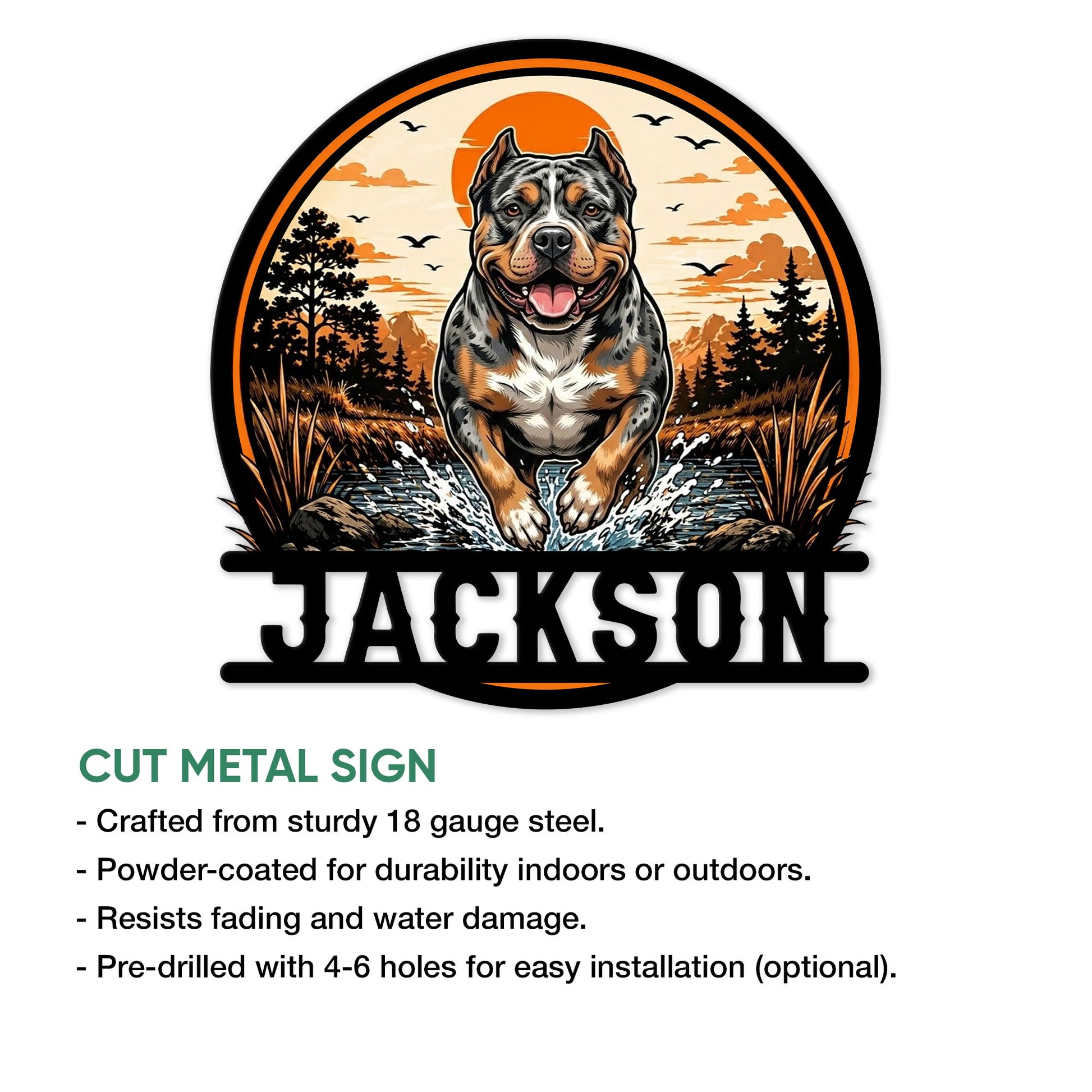 American Bully cut metal sign feature graphic showing the outdoor dog artwork and design details