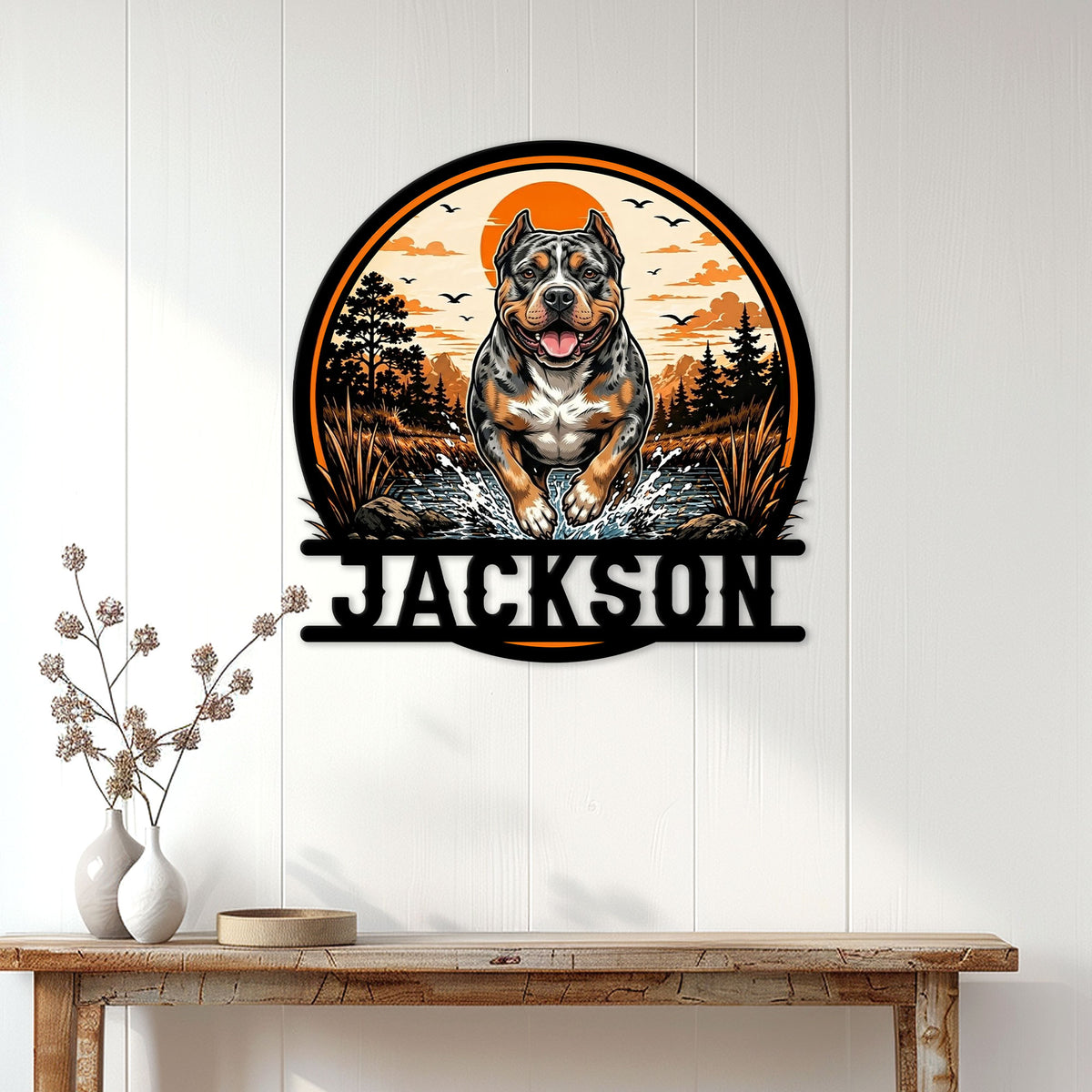 American Bully wall sign displayed above a console table in a bright home entryway