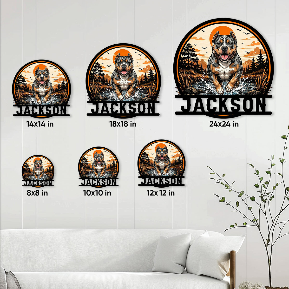 American Bully metal sign size guide showing multiple available dimensions on a wall