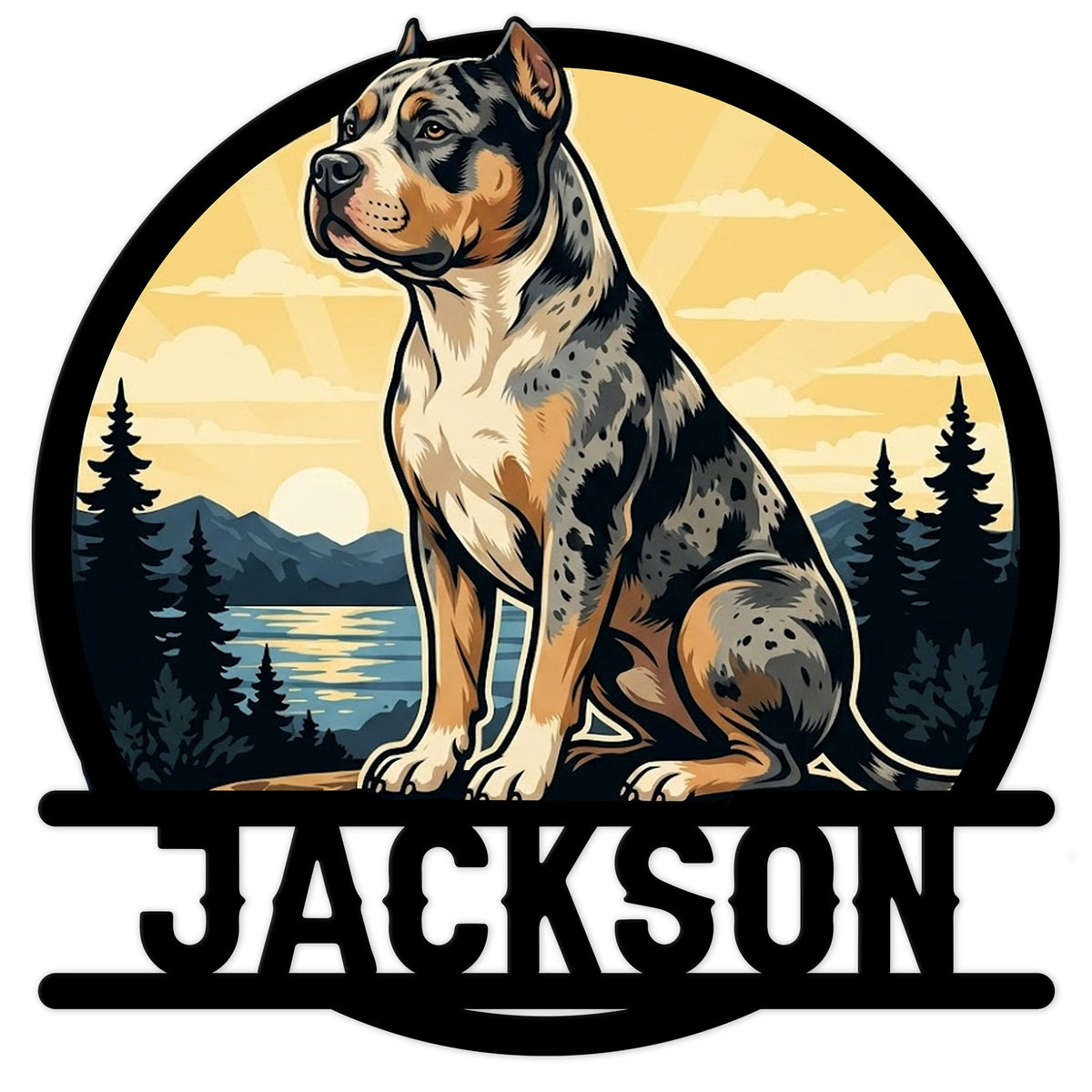 American Bully metal sign featuring a seated tri-color dog against a mountain lake and forest landscape