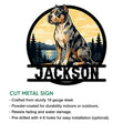 American Bully cut metal sign feature guide showing the dog artwork and available product construction details