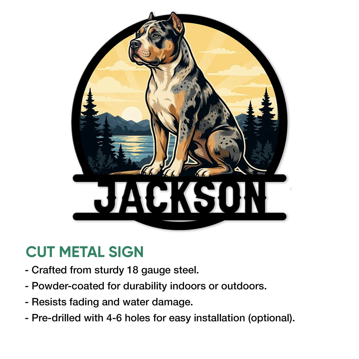 American Bully cut metal sign feature guide showing the dog artwork and available product construction details