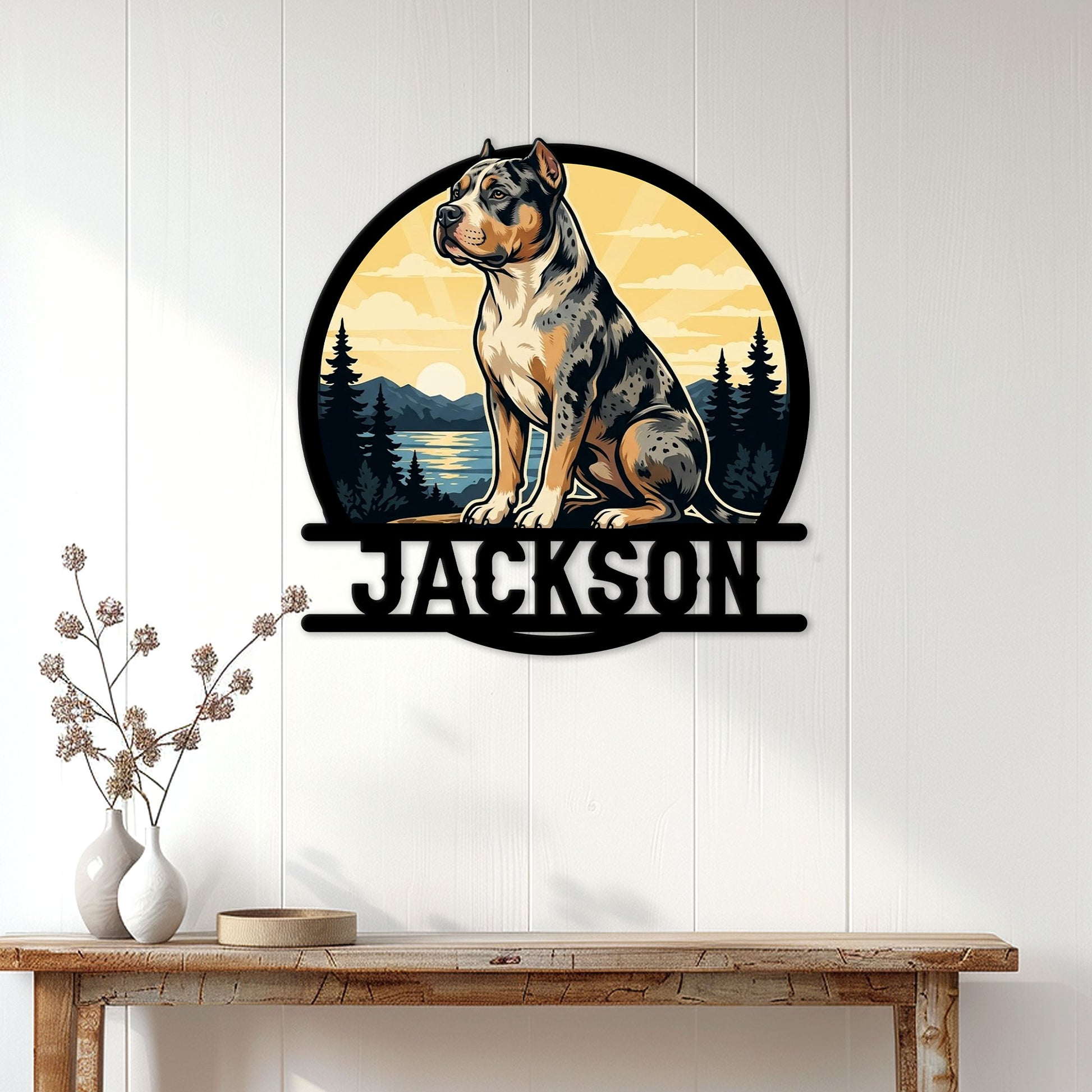 American Bully wall sign displayed on a light paneled wall above a console table