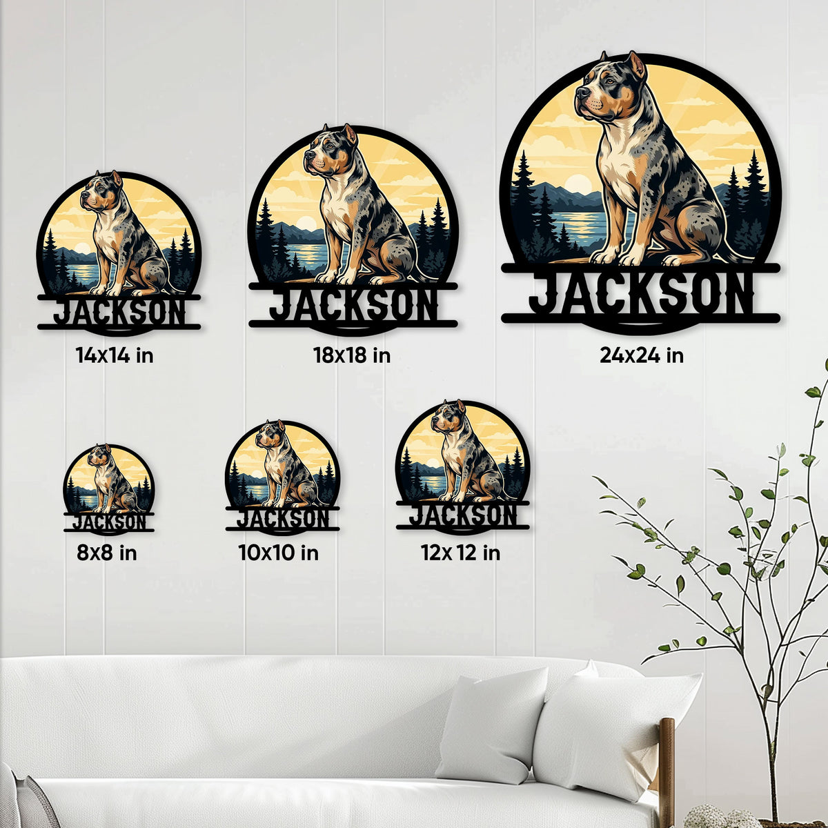 American Bully metal sign size guide showing multiple square size options displayed in a living room