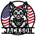Belgian Shepherd metal sign featuring a detailed dog portrait framed by a patriotic American flag design