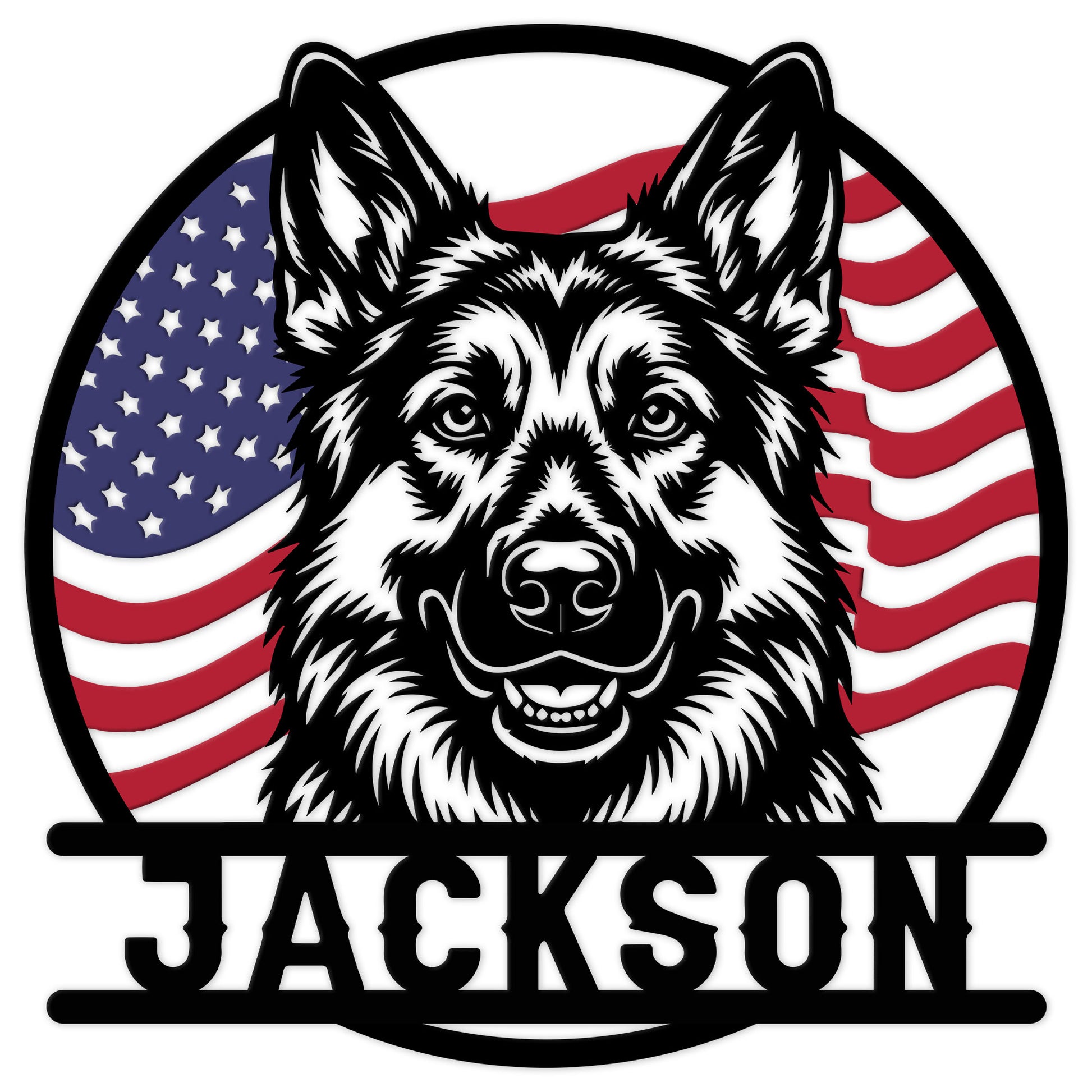 Belgian Shepherd metal sign featuring a detailed dog portrait framed by a patriotic American flag design