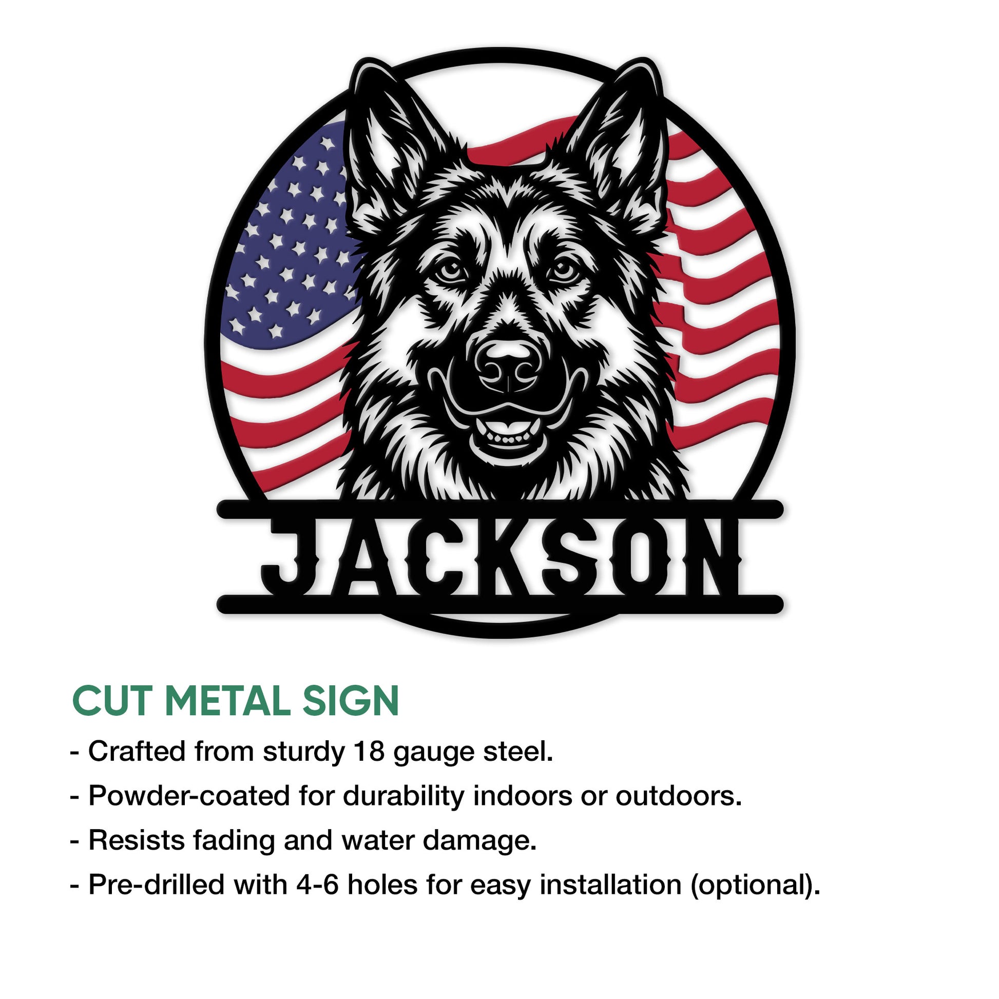 Belgian Shepherd cut metal sign feature graphic showing the patriotic dog portrait and sign construction details