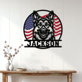 Belgian Shepherd metal wall sign displayed on a bright white paneled wall above a console table