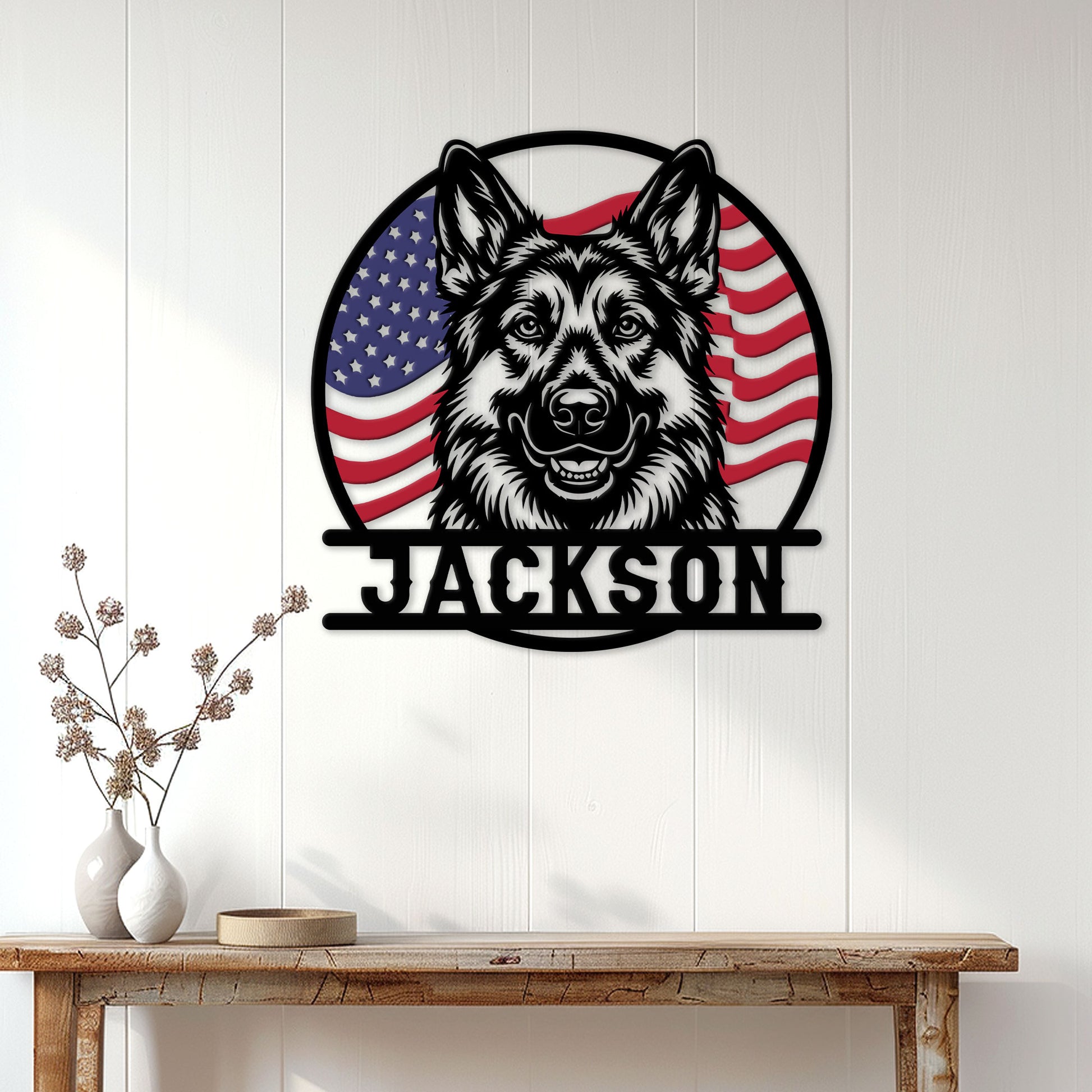 Belgian Shepherd metal wall sign displayed on a bright white paneled wall above a console table