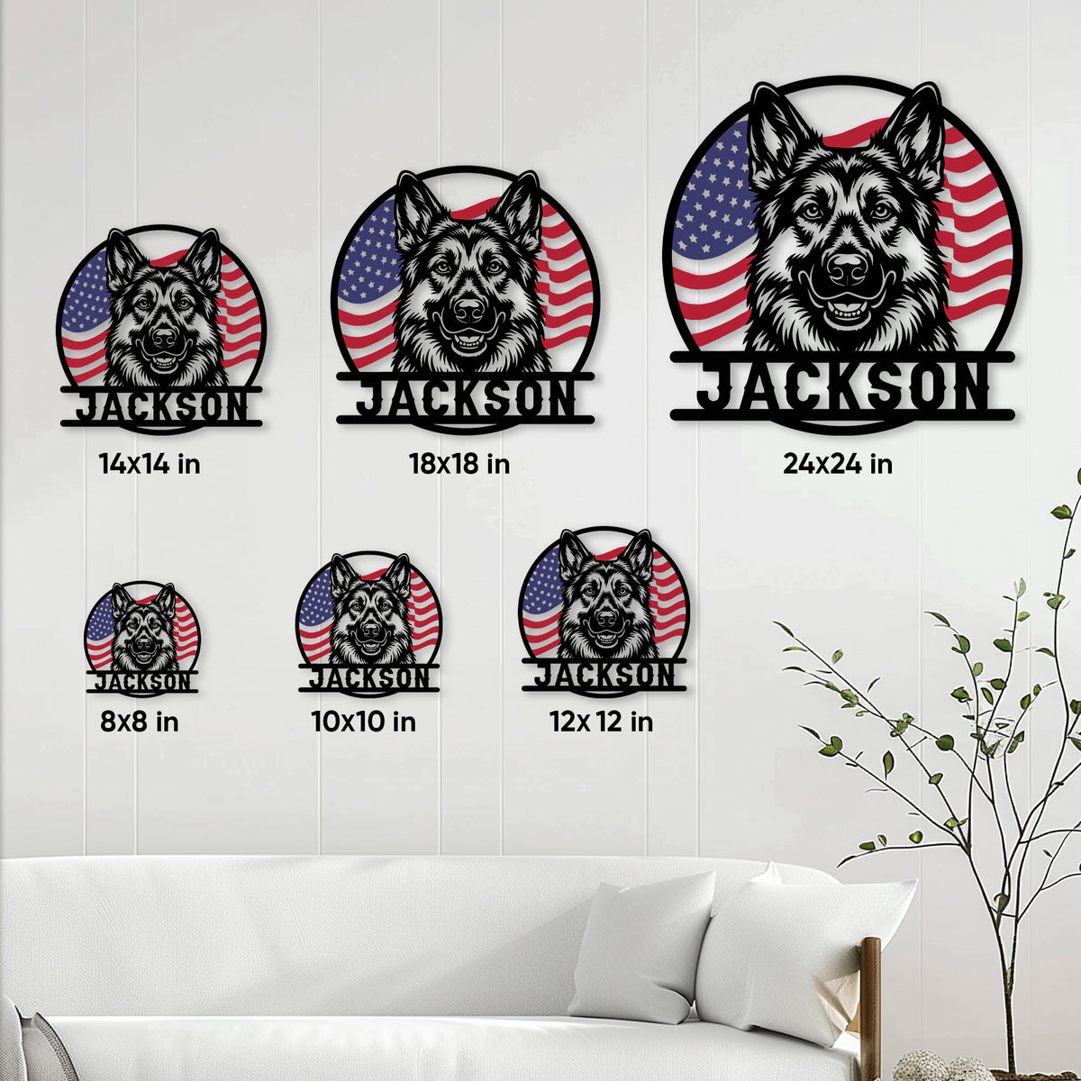 Belgian Shepherd metal sign size guide showing multiple available square dimensions in a living room setting