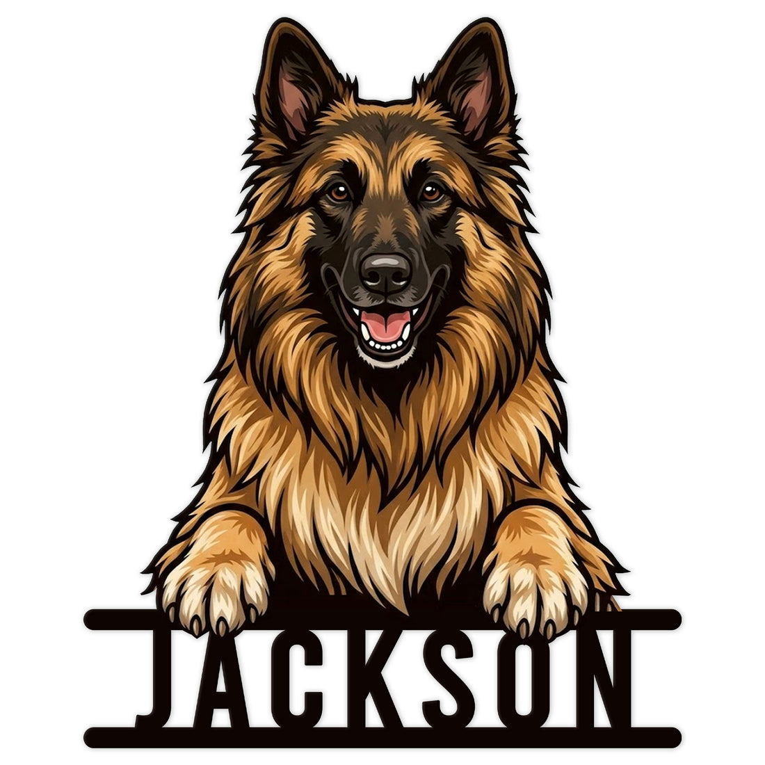 Belgian Shepherd metal sign featuring a detailed front-facing long-haired shepherd dog design