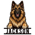 Belgian Shepherd metal sign featuring a detailed front-facing long-haired shepherd dog design
