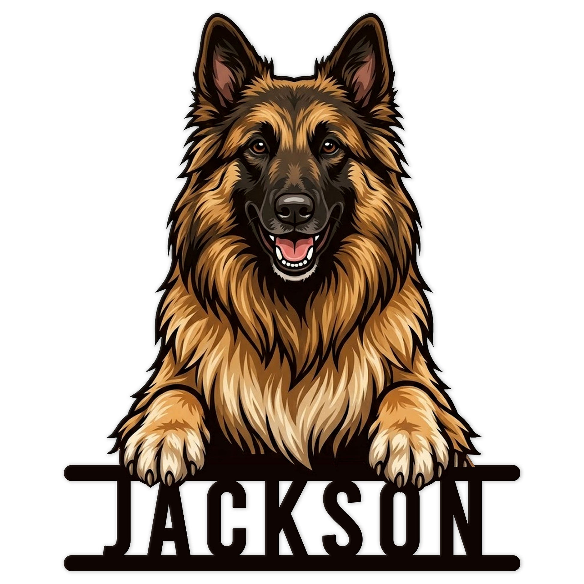 Belgian Shepherd metal sign featuring a detailed front-facing long-haired shepherd dog design