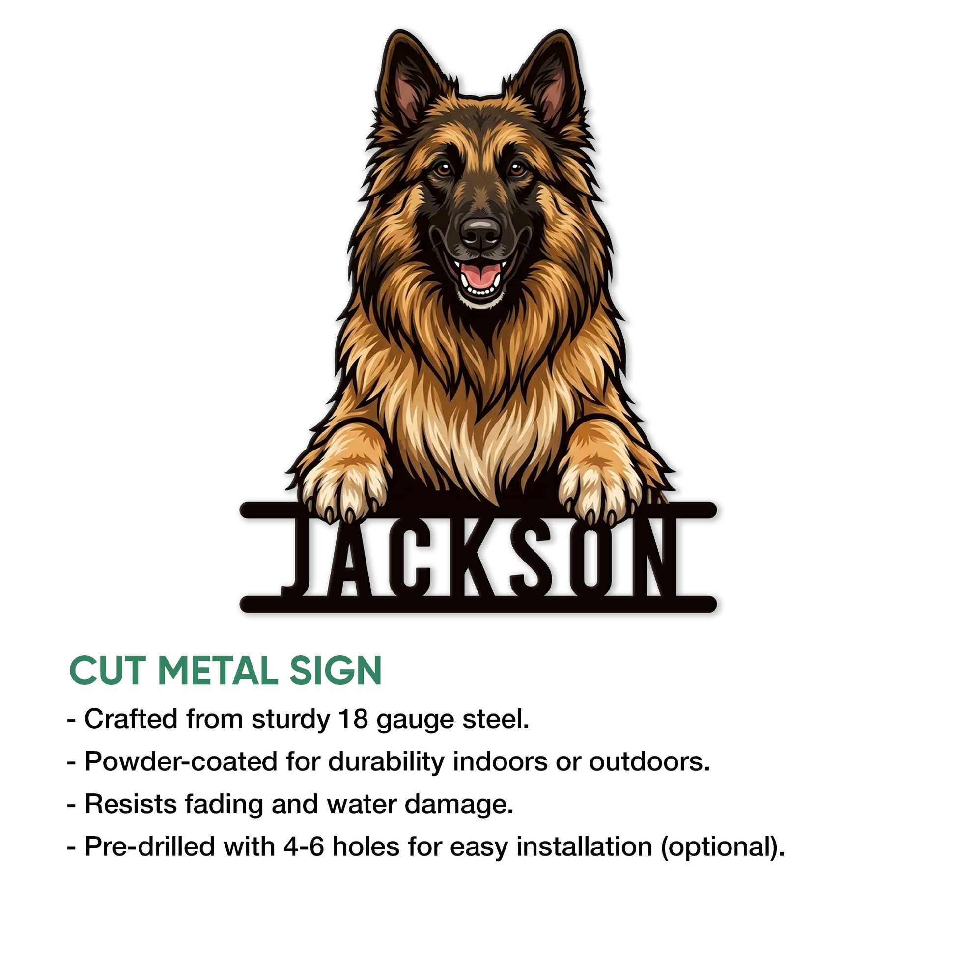 Belgian Shepherd metal sign feature graphic showing the cut-metal design and installation options