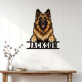 Belgian Shepherd dog metal wall sign displayed on a bright paneled entryway above a console table