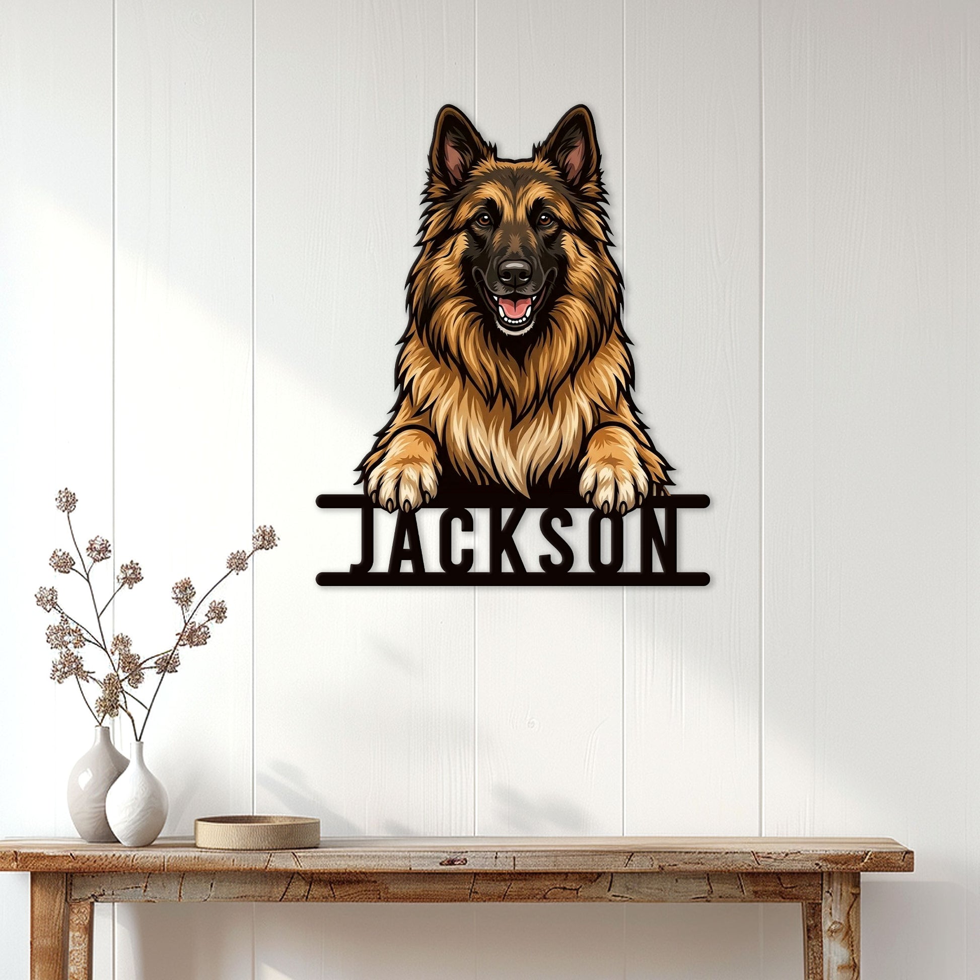 Belgian Shepherd dog metal wall sign displayed on a bright paneled entryway above a console table
