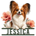 Papillon dog metal sign featuring a joyful long-haired portrait surrounded by coral flowers