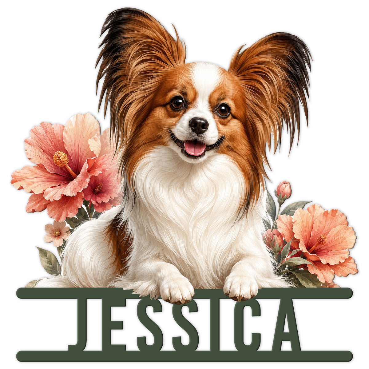 Papillon dog metal sign featuring a joyful long-haired portrait surrounded by coral flowers