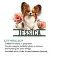 Papillon dog metal sign shown as a decorative cutout design with floral artwork