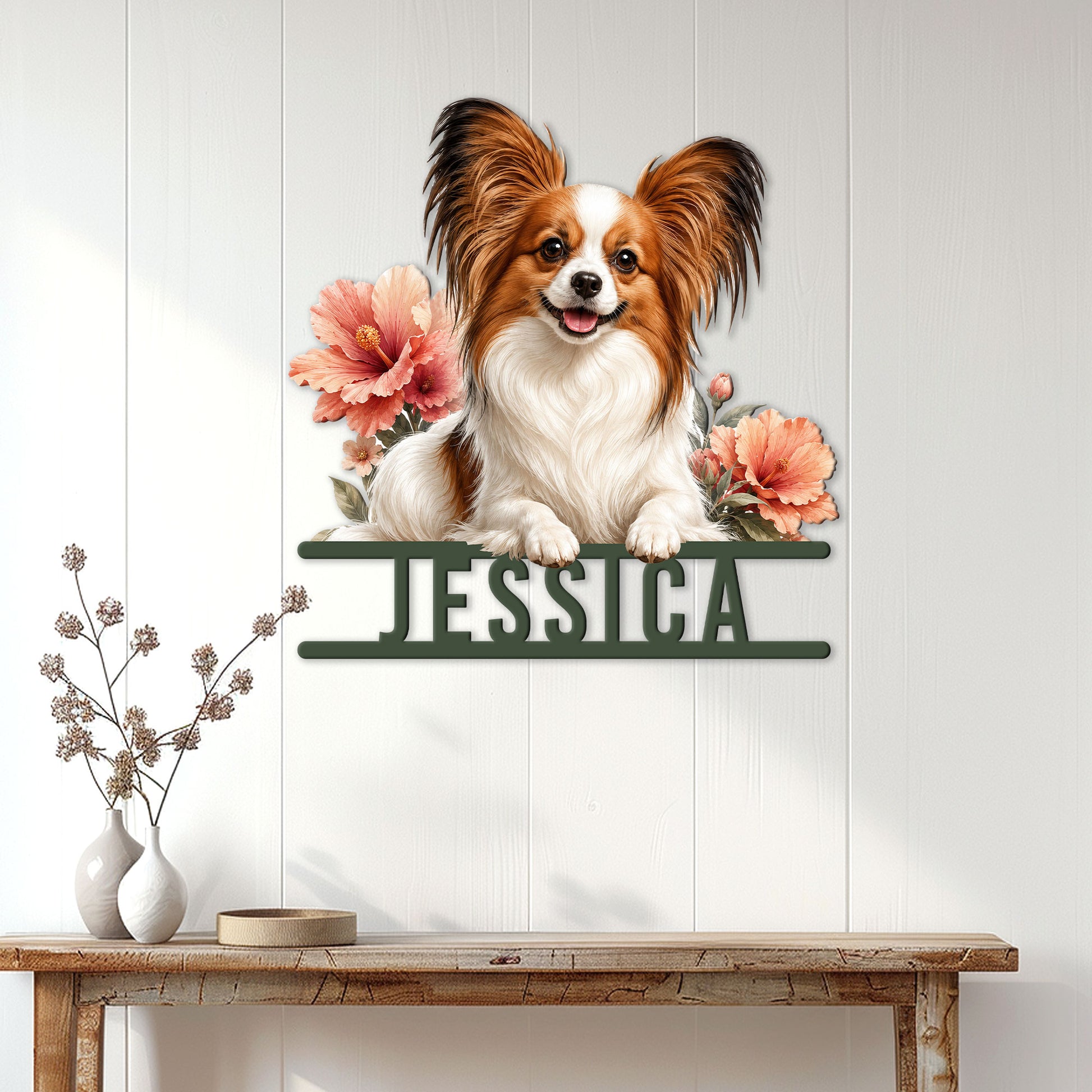 Papillon dog wall sign displayed above a console table in a bright home entryway
