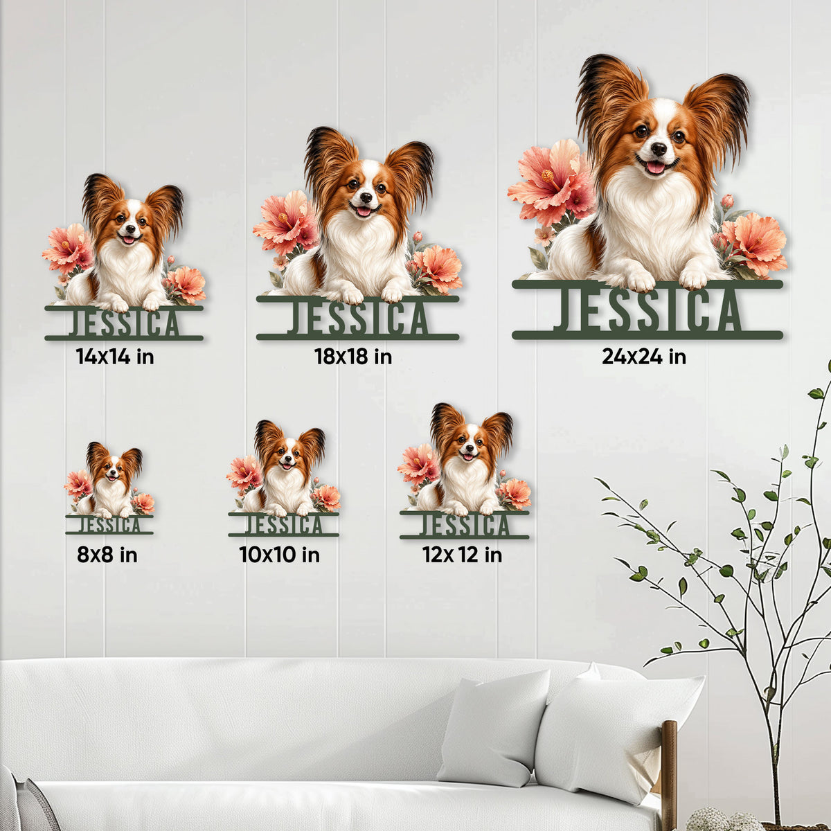 Papillon dog metal sign size guide showing several available square size options