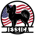 Papillon dog silhouette metal sign featuring a patriotic American flag design