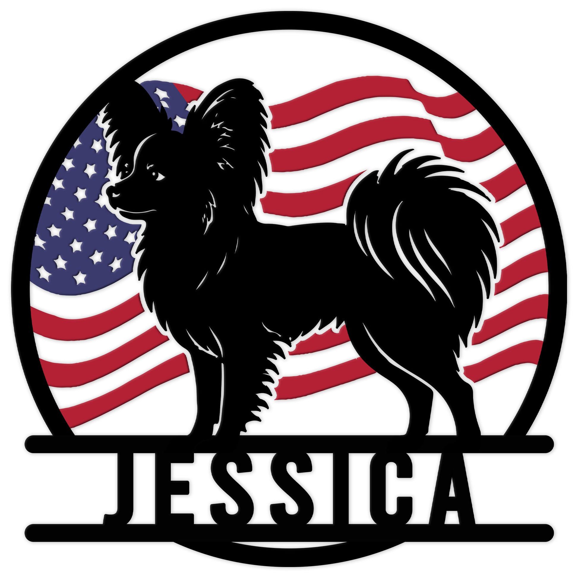 Papillon dog silhouette metal sign featuring a patriotic American flag design