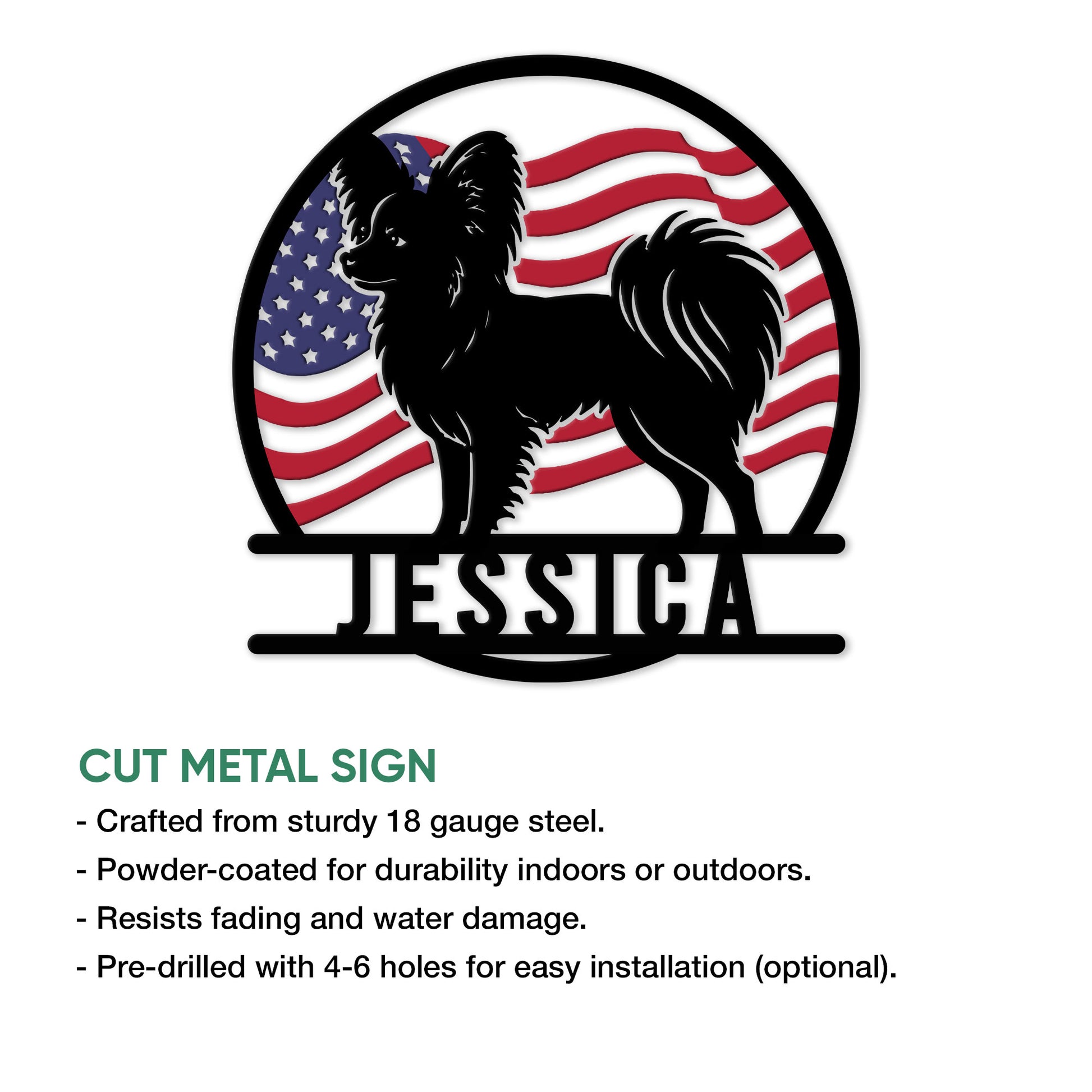 Papillon dog metal sign feature graphic showing the patriotic cut-metal design