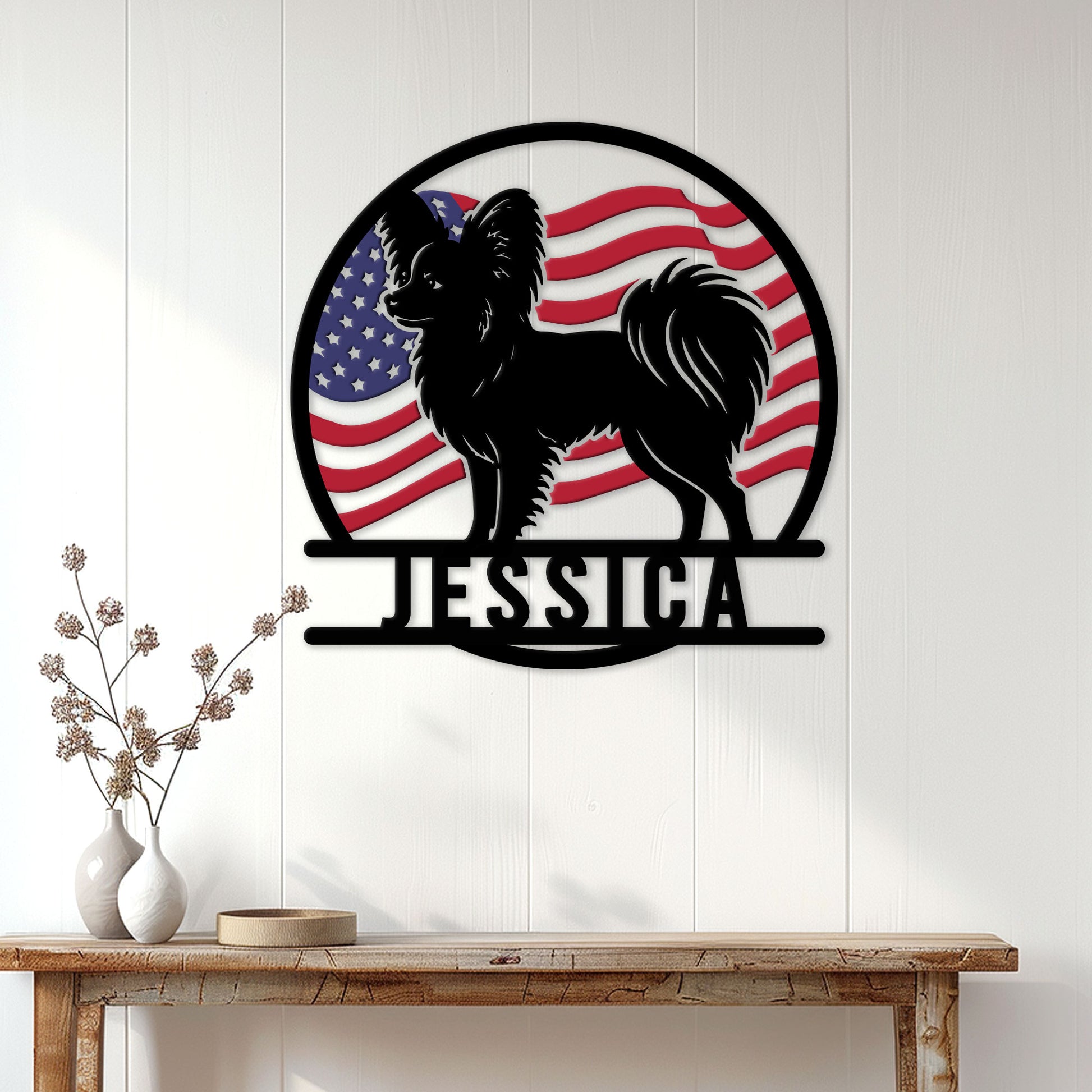 Patriotic Papillon dog metal sign displayed on a white paneled living room wall