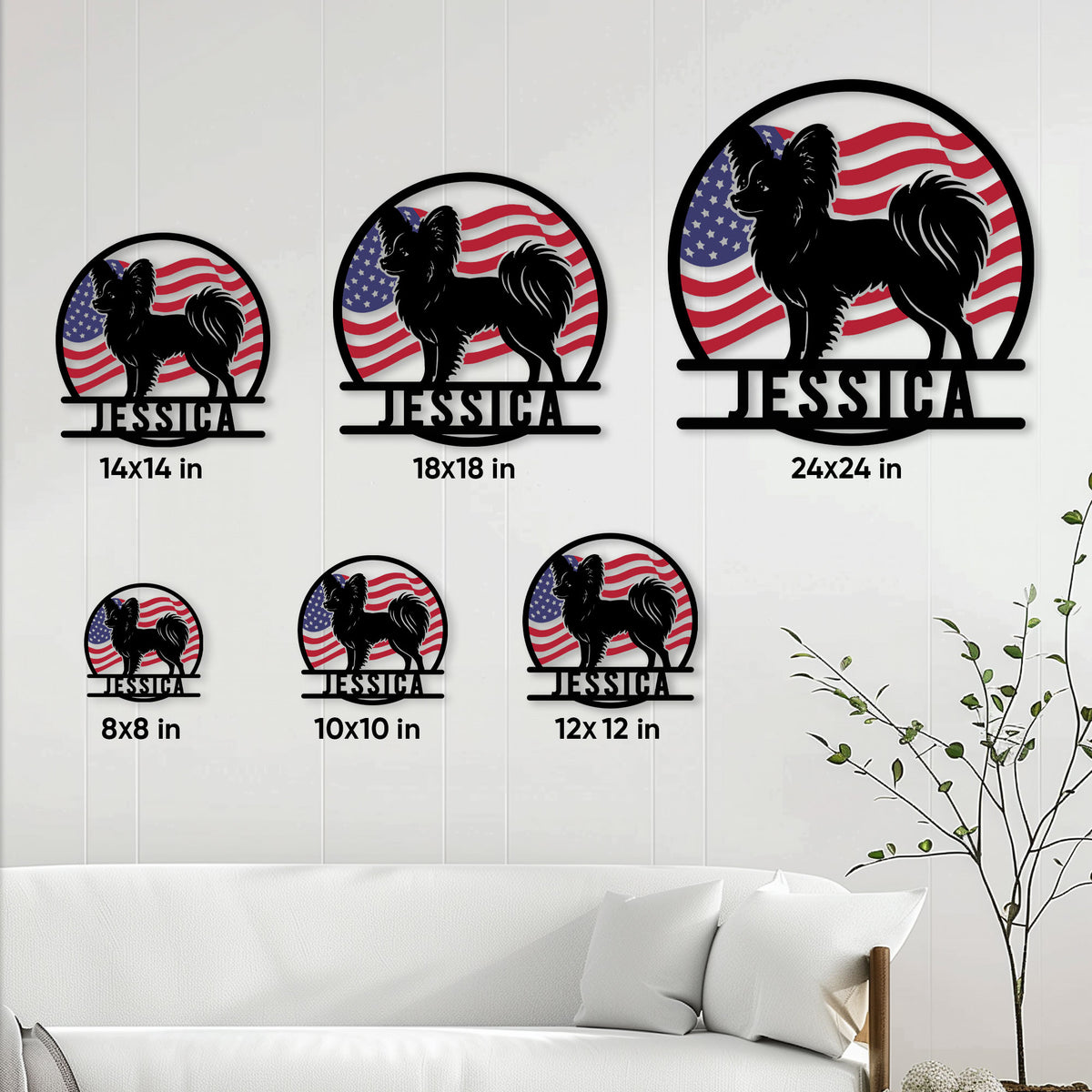 Papillon dog metal sign size guide showing multiple square size options on a wall