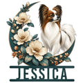 Papillon dog metal sign featuring a detailed portrait framed by cream flowers and teal botanical leaves