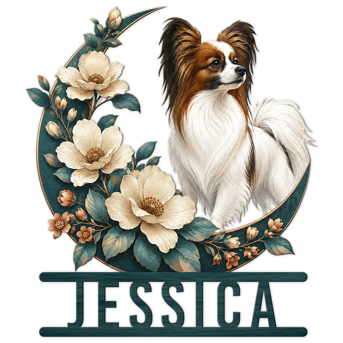 Papillon dog metal sign featuring a detailed portrait framed by cream flowers and teal botanical leaves
