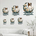 Papillon dog metal sign size guide showing six available square size options in a living room setting