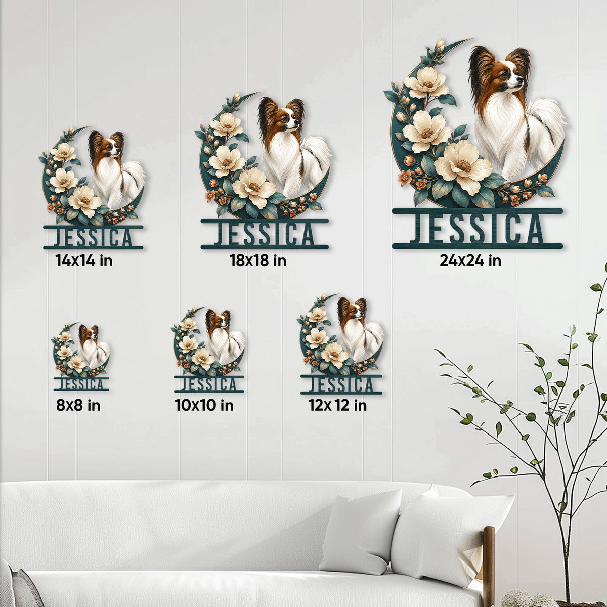 Papillon dog metal sign size guide showing six available square size options in a living room setting