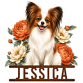 Papillon dog metal sign featuring a cheerful long-haired dog surrounded by colorful flowers