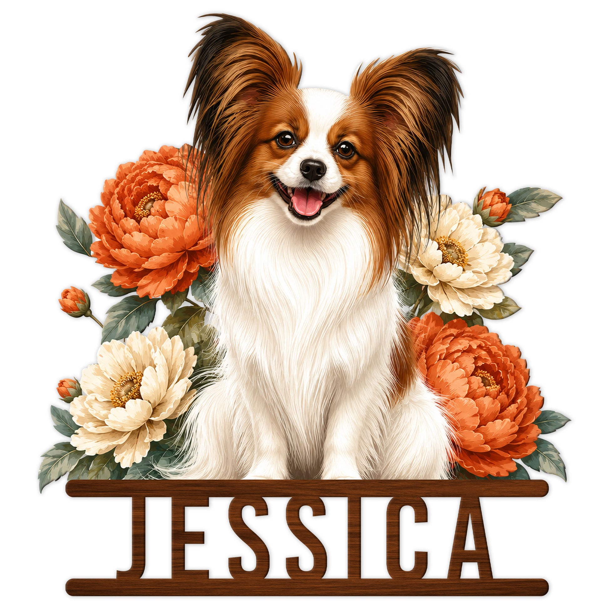 Papillon dog metal sign featuring a cheerful long-haired dog surrounded by colorful flowers