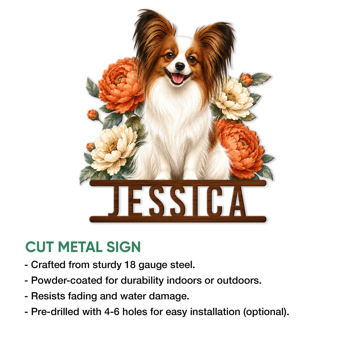 Papillon floral metal sign feature graphic showing the cut metal sign design and display options