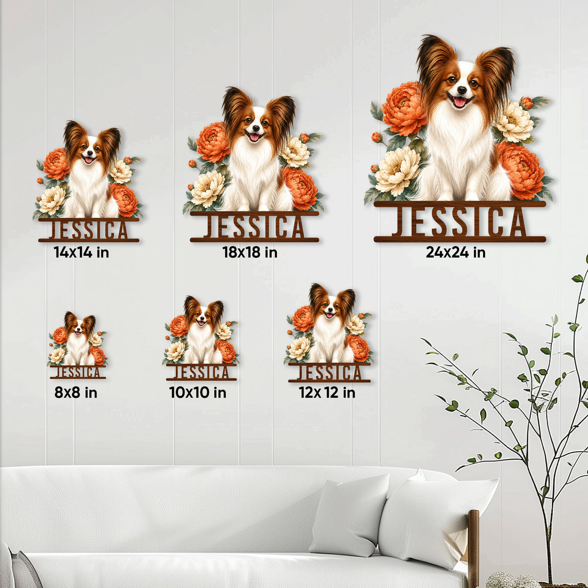 Papillon dog metal sign size guide showing six available square size options in a living room