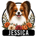 Papillon dog metal sign featuring a detailed portrait framed by colorful flowers and leafy botanical accents