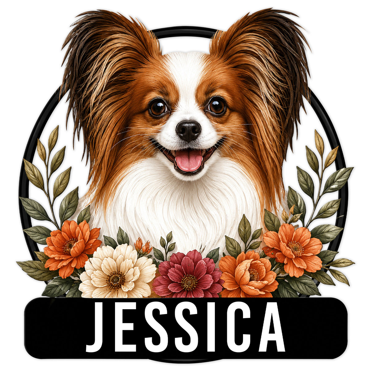 Papillon dog metal sign featuring a detailed portrait framed by colorful flowers and leafy botanical accents