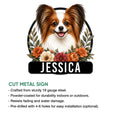 Papillon dog floral metal sign shown with a close view of the artwork and product feature information