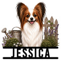 Custom Papillon dog metal sign featuring a cheerful portrait surrounded by flowers, lavender, and a garden fence