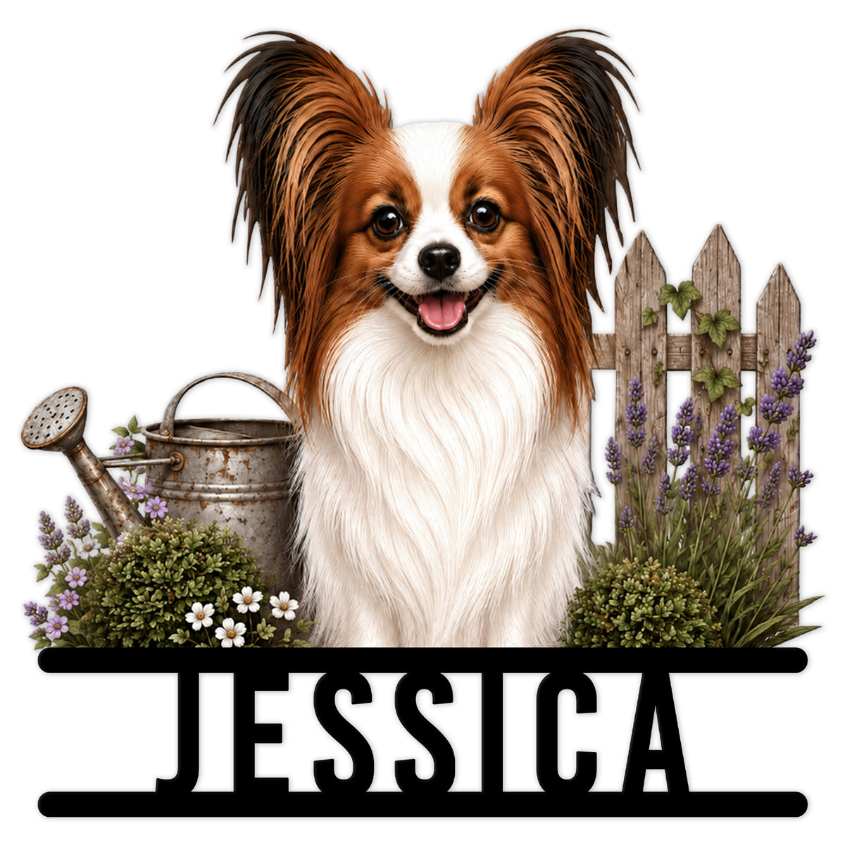 Custom Papillon dog metal sign featuring a cheerful portrait surrounded by flowers, lavender, and a garden fence