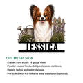 Papillon dog metal sign feature graphic presenting the cut-metal design and product details
