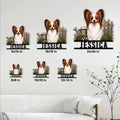 Papillon dog metal sign size guide showing several available square size options in a living room setting