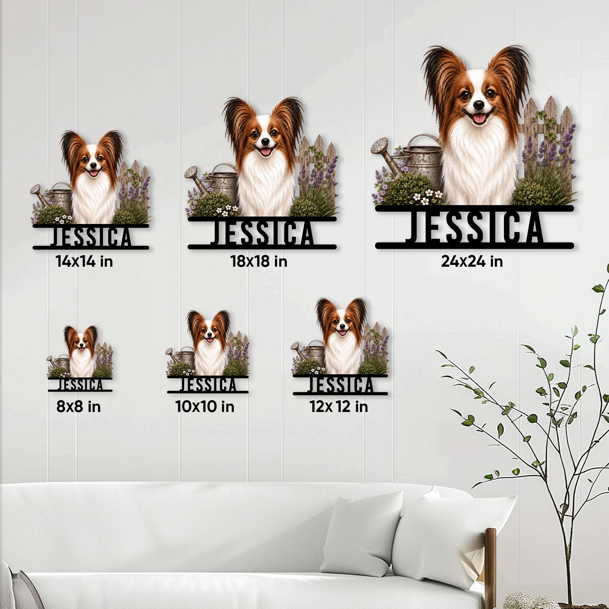 Papillon dog metal sign size guide showing several available square size options in a living room setting