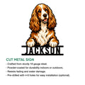 English Cocker Spaniel cut metal sign shown with an illustrated portrait and product feature details